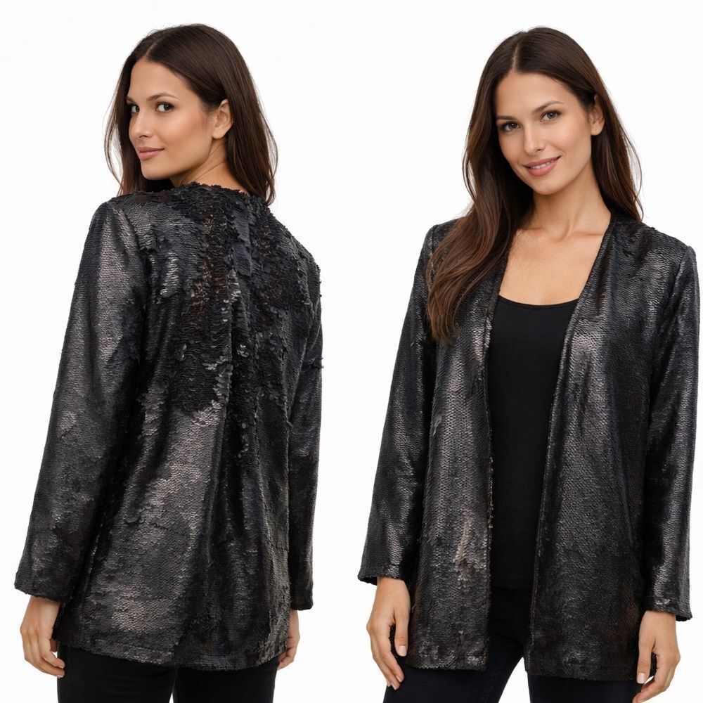 Paper Crane ANTHRO tie or open long sleeve black sequin jacket top Medium